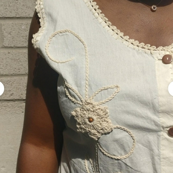 ORGANIC COTTON crotchet Button Front Belted Villager Peasant Maxi Dress measured - Picture 3 of 4